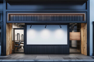 Modern barber shop exterior featuring stylish design and a blank storefront for advertising