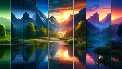 A series of images of mountains and lakes with a blue sky in the background
