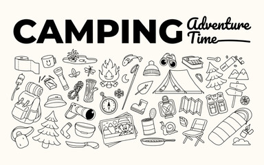 Obraz premium Set hand Drawn Camping Adventure Time Elements Vector illustration, Outdoor, Backpack, Summer Camp