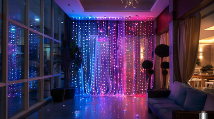 Glowing pink and purple string lights hang from the ceiling, creating a magical atmosphere. - obrazy, fototapety, plakaty