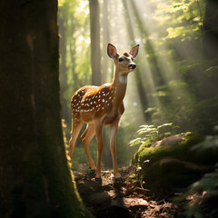 Little deer walking around nature in the morning light. Animal in nature forest and meadow habitat. Wildlife scene. 