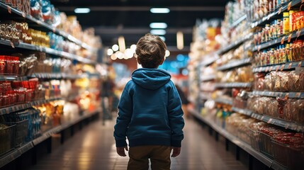 Back view of a little boy in a blue jacket standing in the aisle of a supermarket and looking at the shelves. - Powered by Adobe