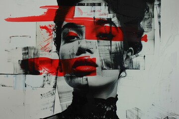 Black and white collage with a portrait of a girl with red lips