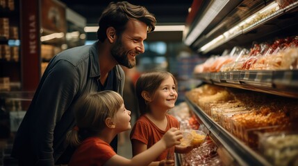 Father and two daughters shopping in the supermarket. Dad and children choose food. - Powered by Adobe
