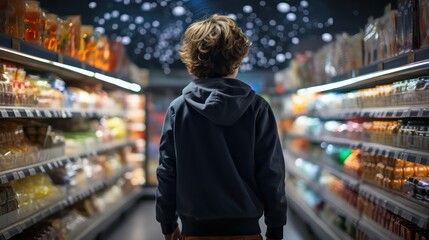 Rear view of young man standing in supermarket and looking at shelves with products