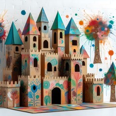 Kids cardboard craft castle. Paper medieval castle for children playing. Generative AI