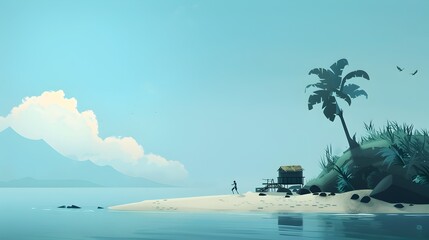 Lone Castaway Crafting Tools and Shelter on Tropical Desert Island Beach - obrazy, fototapety, plakaty