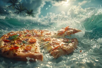 Fototapeta na wymiar A slice of pizza floats in rough seas.