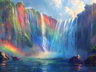Majestic Rainbow Waterfall in Lush Tropical Landscape A Celestial Cascade of Color and Beauty