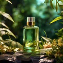 Perfume in a glass bottle on a wooden podium in the forest. Tropical palm leaf. The concept of beauty. Natural skin care cosmetics. Suitable for product display.
