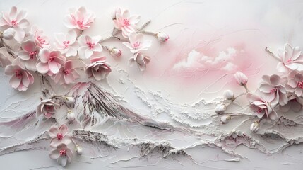 A textured painting of cherry blossoms on a white background with a hint of a mountain in the distance.