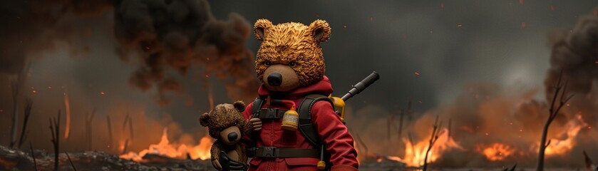A teddy bear firefighter is holding a teddy bear cub in a forest fire.