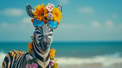 Funny zebra in sunglasses and a lei around his neck on the background of the beach. - obrazy, fototapety, plakaty