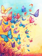 Fototapeta na wymiar A watercolor painting of butterflies of various colors flying upwards against a blue and yellow gradient background.
