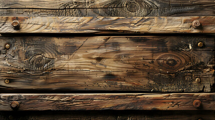 Rustic wooden background with knots and nail holes. The wood is weathered and has a dark brown color. - obrazy, fototapety, plakaty