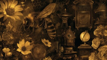 A honeybee tends to honeycombs up close, a detailed testament to the intricate workings of nature's ecosystem,Gothic horror settings - obrazy, fototapety, plakaty
