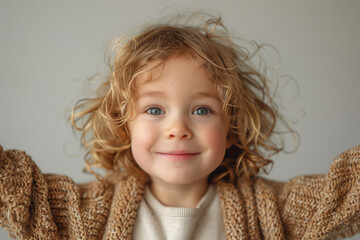 Smiling curly-haired child in sweater - obrazy, fototapety, plakaty
