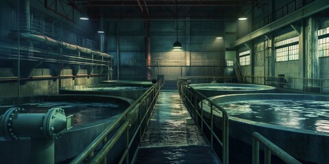 An eerie image of a water treatment plant with steel tanks, pipes and dim lighting, emphasizing modern industrialization - obrazy, fototapety, plakaty