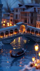 Venice, Italy. Canal with gondola and Rialto Bridge in the evening.