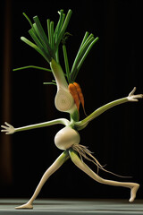 a photorealistic image of spring onion with slender human body shape, green carrot leaves on head, dancing break dance lke professional with arms and legs,