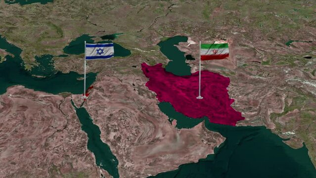 Map of Iran and Israel with their flags flying.Iran and Israel map and flag.