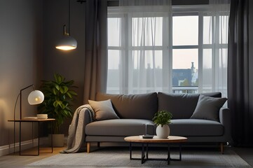 Interior image of a living room with gray walls with a comfortable sofa, center table, rug, curtains and a flower pot, while sunlight coming through the windows and a floor lamp illuminate the place.