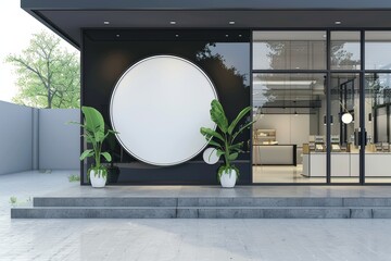 Elegant modern beauty salon exterior design with blank round sign and green plants