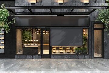 Stylish modern cafe exterior with elegantly designed black and gray facade, enhanced by green plants