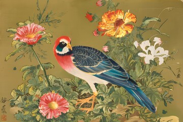 Fototapeta premium Vintage Japanese style painting depicting colorful bird amidst flowers