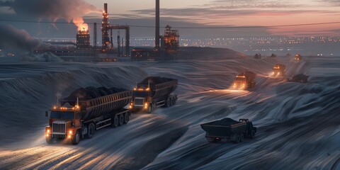Twilight image of heavy mining dump trucks working in a dusty open mining quarry under incandescent lights - obrazy, fototapety, plakaty