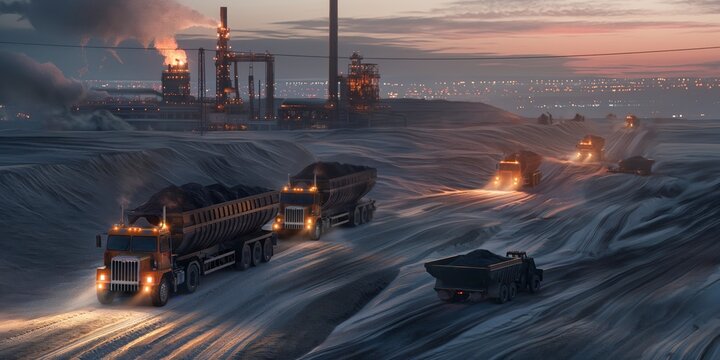 Twilight image of heavy mining dump trucks working in a dusty open mining quarry under incandescent lights