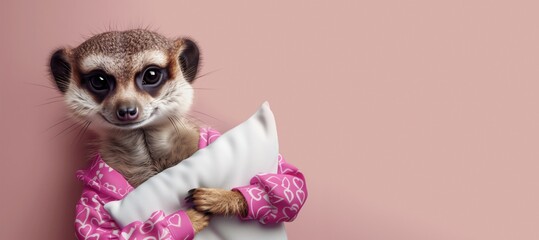 Meerkat dressed in pink pajamas hugging soft white pillow, ready for a cozy night in, for promoting bedtime products, sleep health awareness