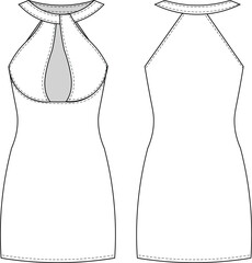 sleeveless grecian halter keyhole neck low-cut body-con short mini elastic dress template technical drawing flat sketch cad mockup fashion woman design style model
