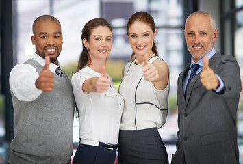 Business people, portrait and thumbs up for company agreement with collaboration, deal or...