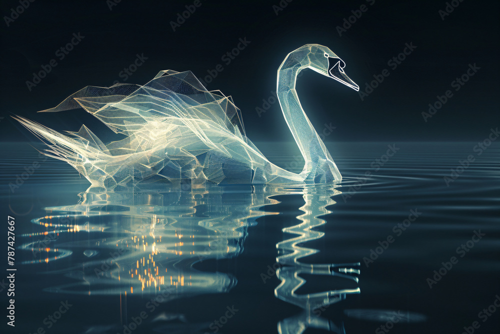 Poster wireframe swan with open beak reflected on dark water surface. digital art with network lines and gl