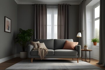 Interior image of a living room with gray walls with a comfortable sofa, center table, rug, curtains and a flower pot, while sunlight coming through the windows and a floor lamp illuminate the place.