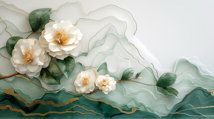 beautiful fresh a branch Camellia japonica s with River made from metal , gold white and fresh green