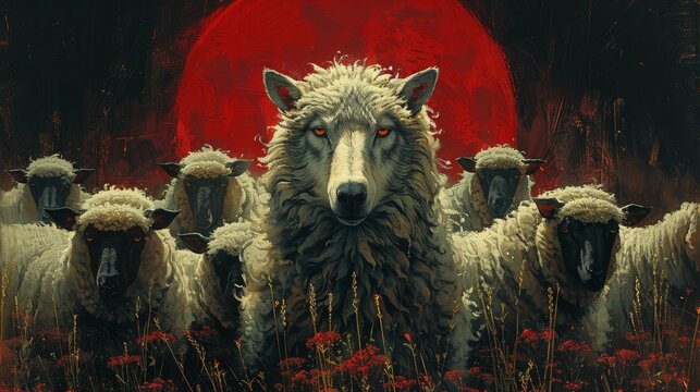 A wolf in sheep's clothing stands subtly among the flock, a striking visual metaphor of the well-known idiom against a pastoral scene,Vintage travel posters