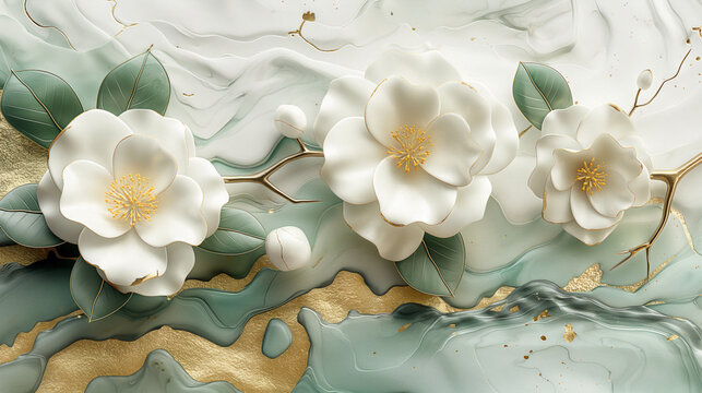 beautiful fresh a branch Camellia japonica s with River made from metal , gold white and fresh green
