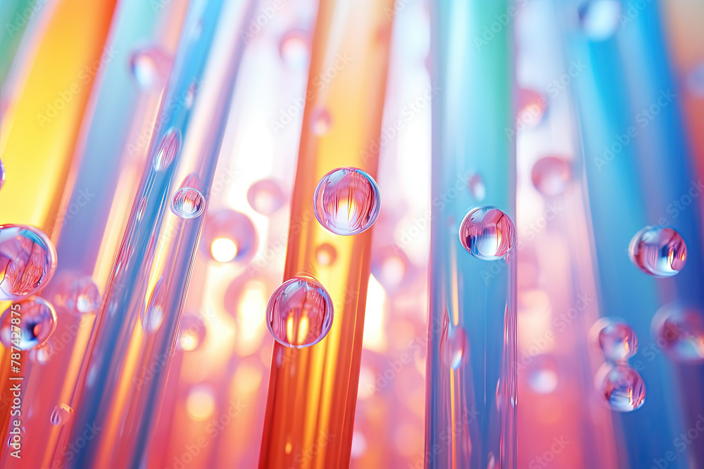 Aufkleber pink holographic bubbles floating on the soft colorful abstract background in beautiful vivid tones.