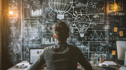 A creative thinker surrounded by diagrams and visuals of new territories using statistical ysis to reveal exciting possibilities and opportunities in uncharted areas. .