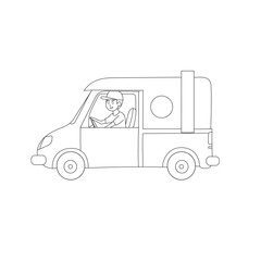 Food truck with street food. drinks in food truck, van. Cafe on wheels with retro cars. Fast food in trailer, small business. Flat vector illustration isolated on white background