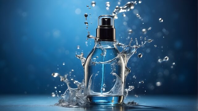  The image captures a dynamic moment of a spray of water emanating from a bottle, frozen in time against a vibrant blue background. The water droplets are suspended in mid-air, creating an artistic an