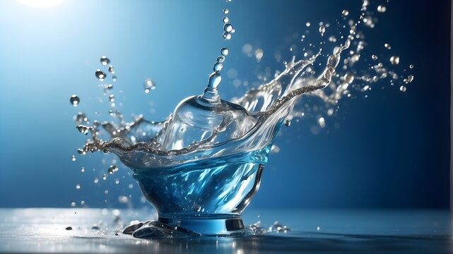  The image captures a dynamic moment of a spray of water emanating from a bottle, frozen in time against a vibrant blue background. The water droplets are suspended in mid-air, creating an artistic an