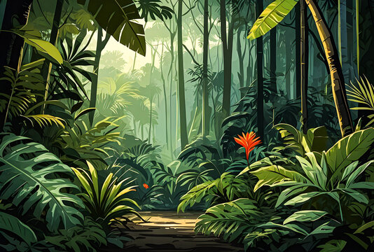 The jungle canopy is alive with the sounds of wildlife. 4k high-resolution vector art illustration image.
