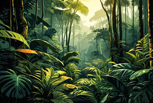 Jungle canopy alive with the sounds of wildlife. 4k high-resolution vector art illustration image.
