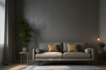 Interior image of a living room with gray walls with a comfortable sofa, center table, rug, curtains and a flower pot, while sunlight coming through the windows and a floor lamp illuminate the place.