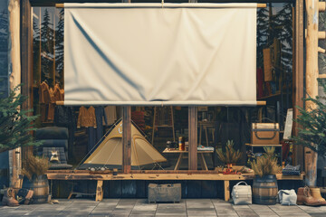 Cozy outdoor camping gear store with rustic wooden decor and modern equipment