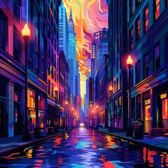 Tall buildings, empty streets, bright street lights, vibrant and dynamic city, minimalist style, vector format illustration with vibrant colors and dynamic composition - obrazy, fototapety, plakaty