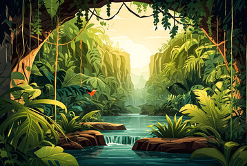 The jungle cave is hidden behind a curtain of vines vector art illustration image.
